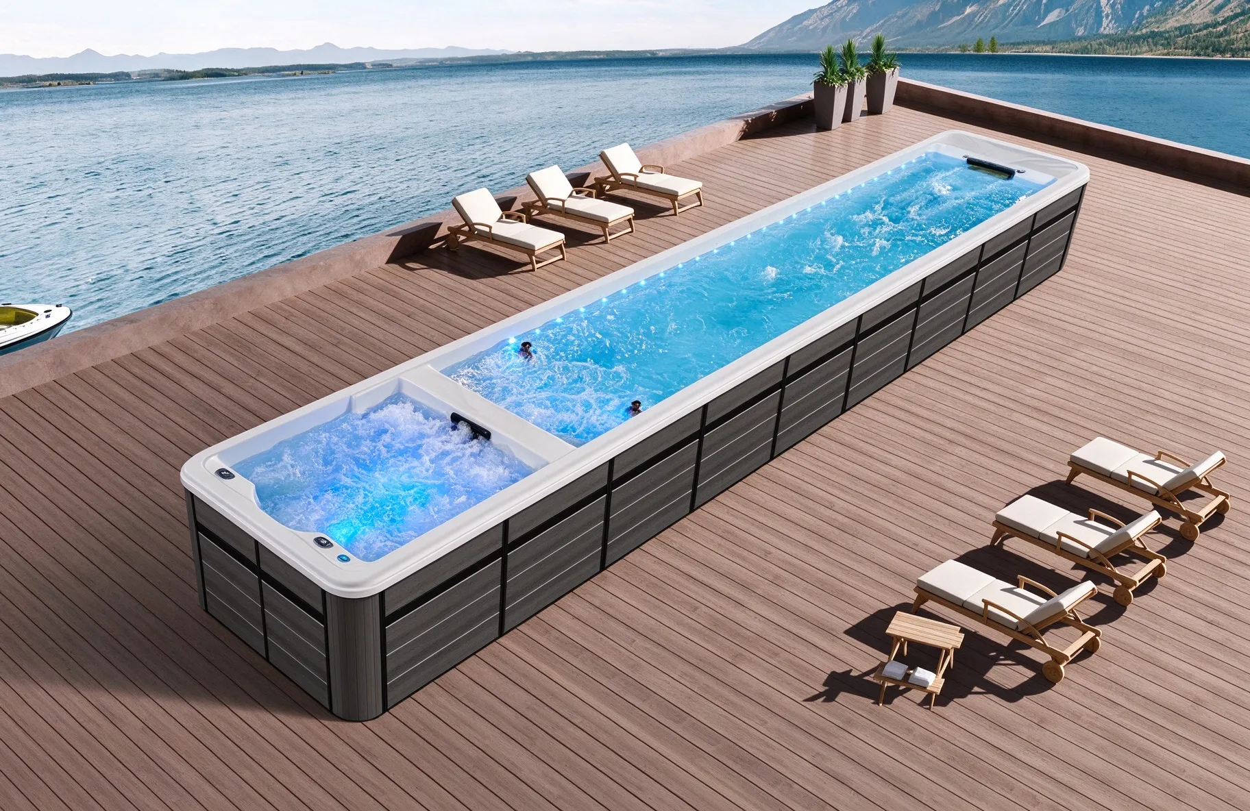Long Outdoor Swim Spa with Hydrotherapy & Relaxation Pool