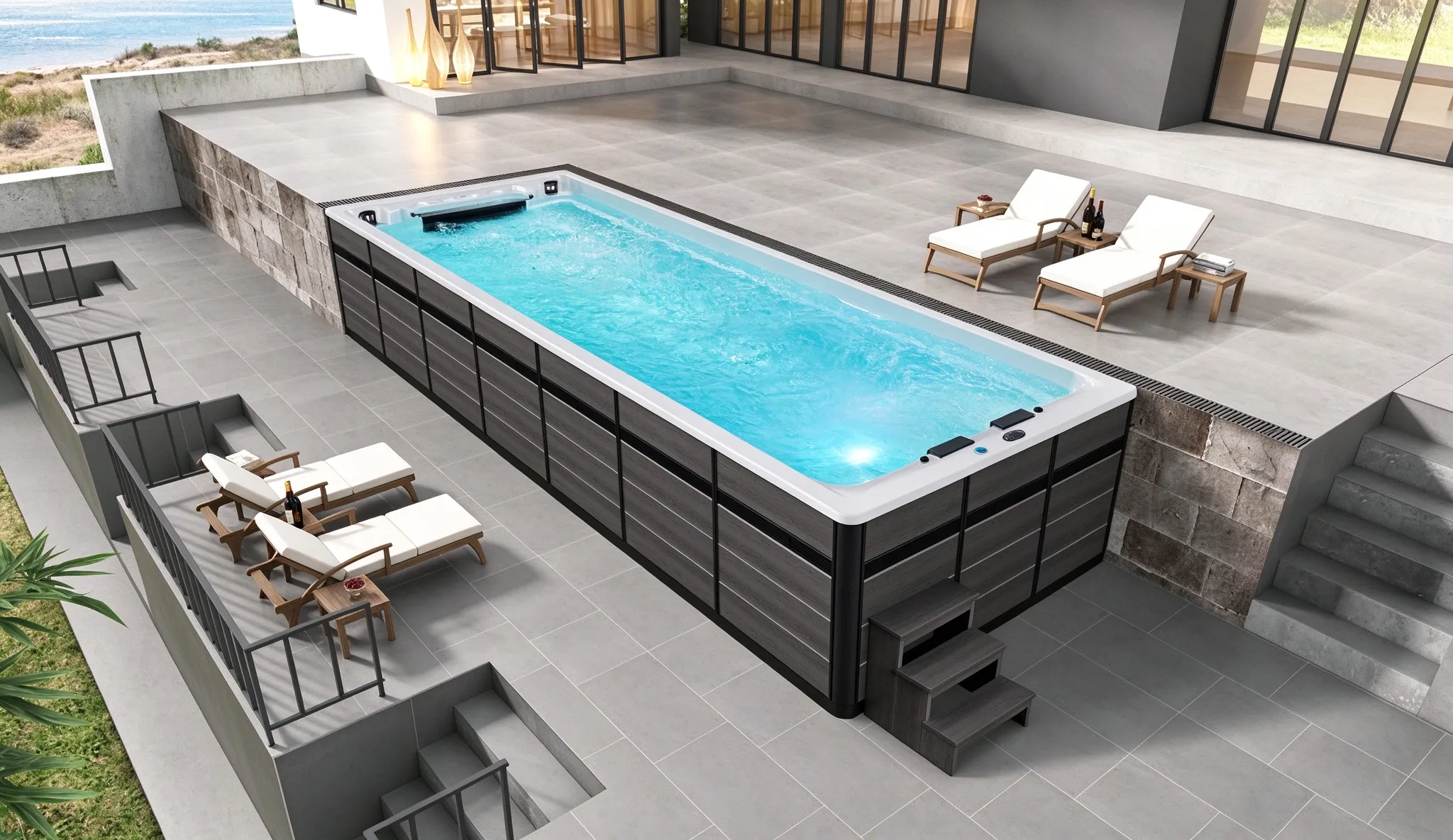 Long Outdoor Swim Spa with Hydrotherapy & Relaxation Pool