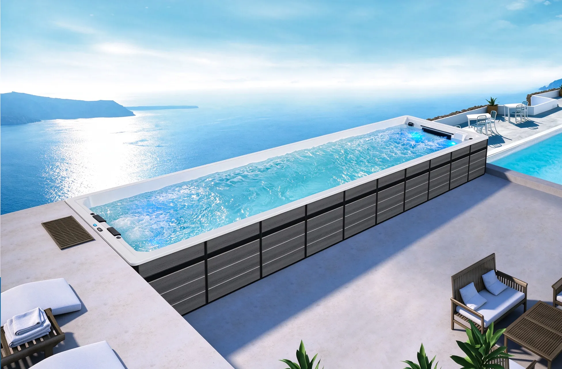 Long Outdoor Swim Spa with Hydrotherapy & Relaxation Pool