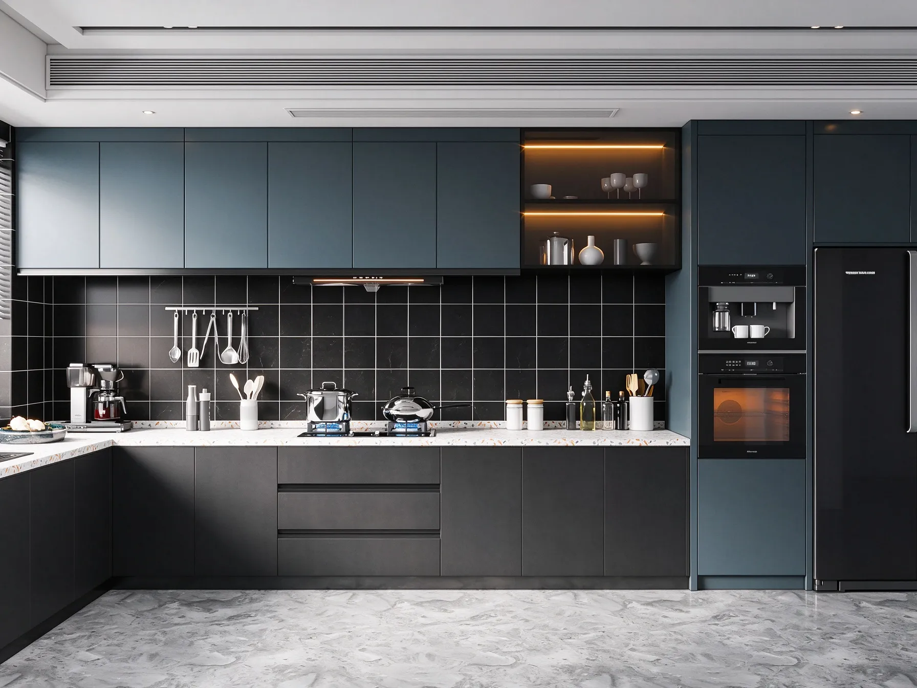 Modern Blue Grey Minimalist Kitchen Cabinets | Custom Flat Panel Cabinetry