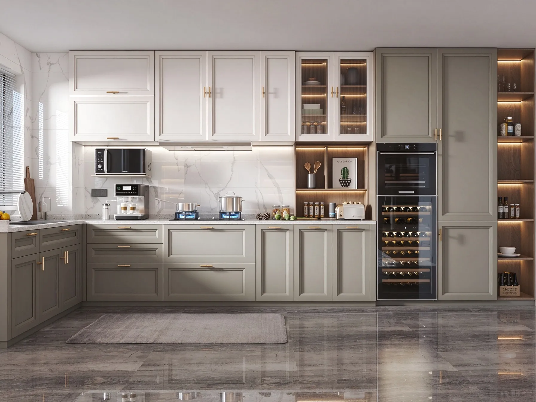 Light Grey Shaker Style Kitchen Cabinets | Custom Classic Cabinetry with Wine Fridge