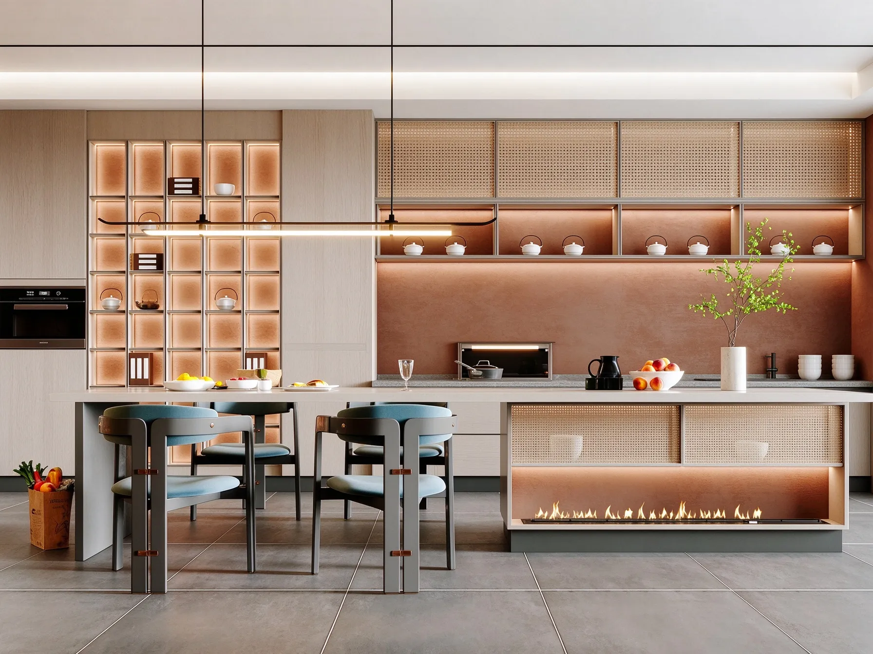 Wabi Sabi Rattan Kitchen Cabinets with Island | Custom Wooden Kitchen Cabinetry