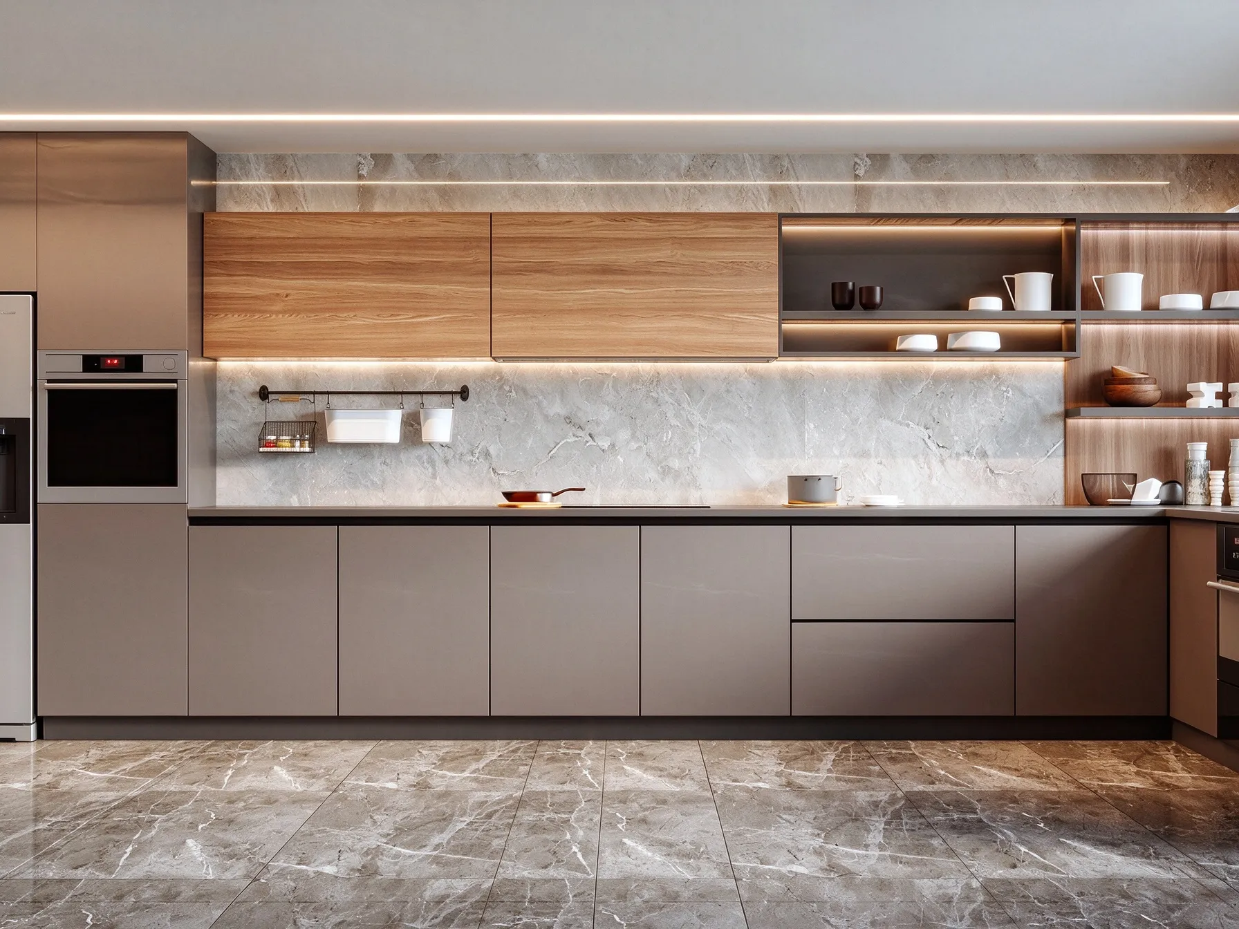 Wood & Taupe Handleless Kitchen Cabinets | Modern Custom Flat Panel Cabinetry