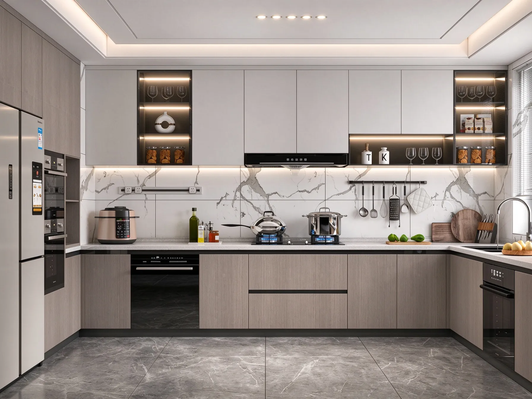 Two Tone Wood & White Modern Kitchen Cabinets | Custom Cabinetry with LED Glass Cabinets