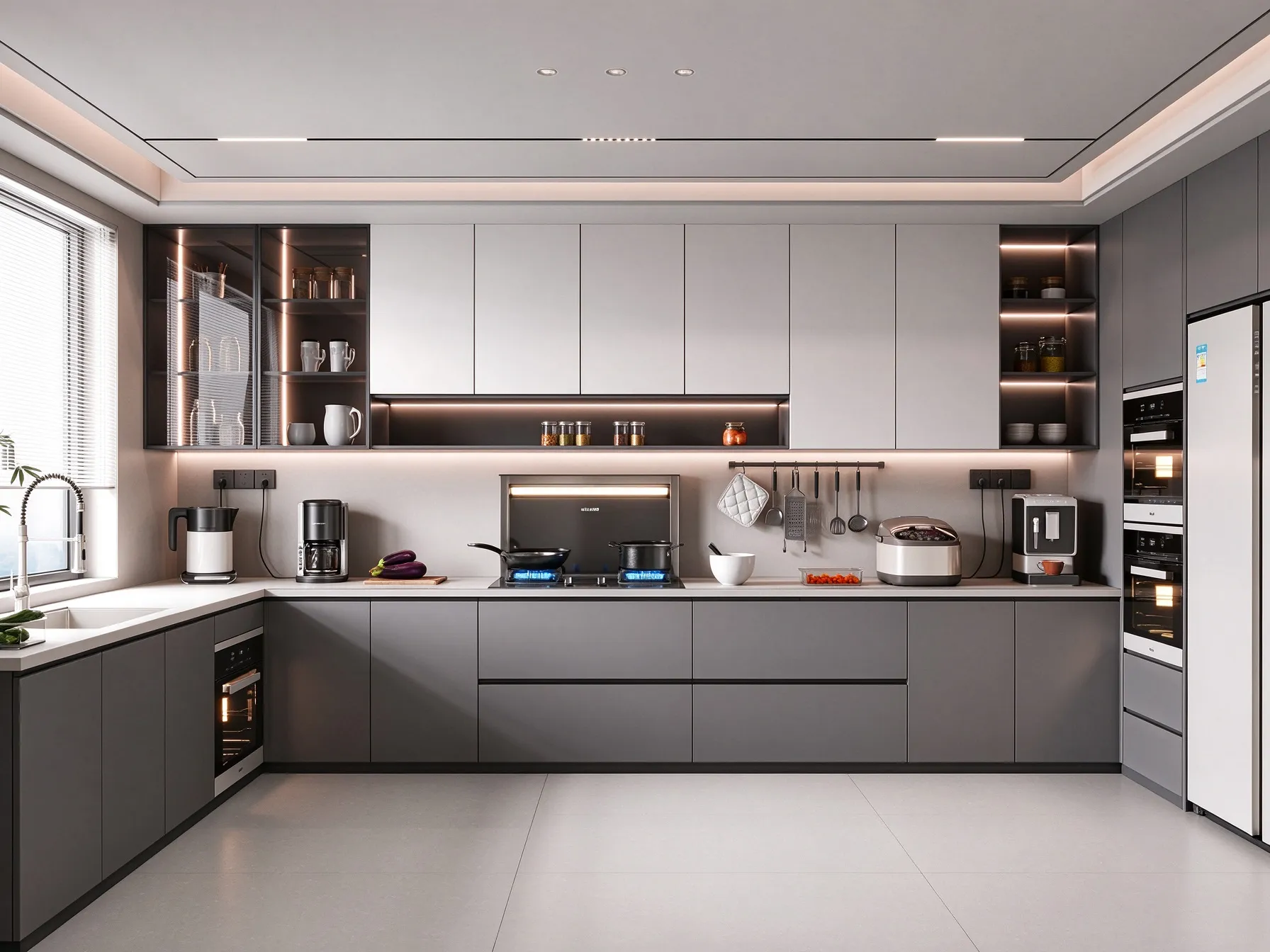 Light & Dark Grey Modern Kitchen Cabinets | Custom Flat Panel Cabinetry with LED Glass Cabinets