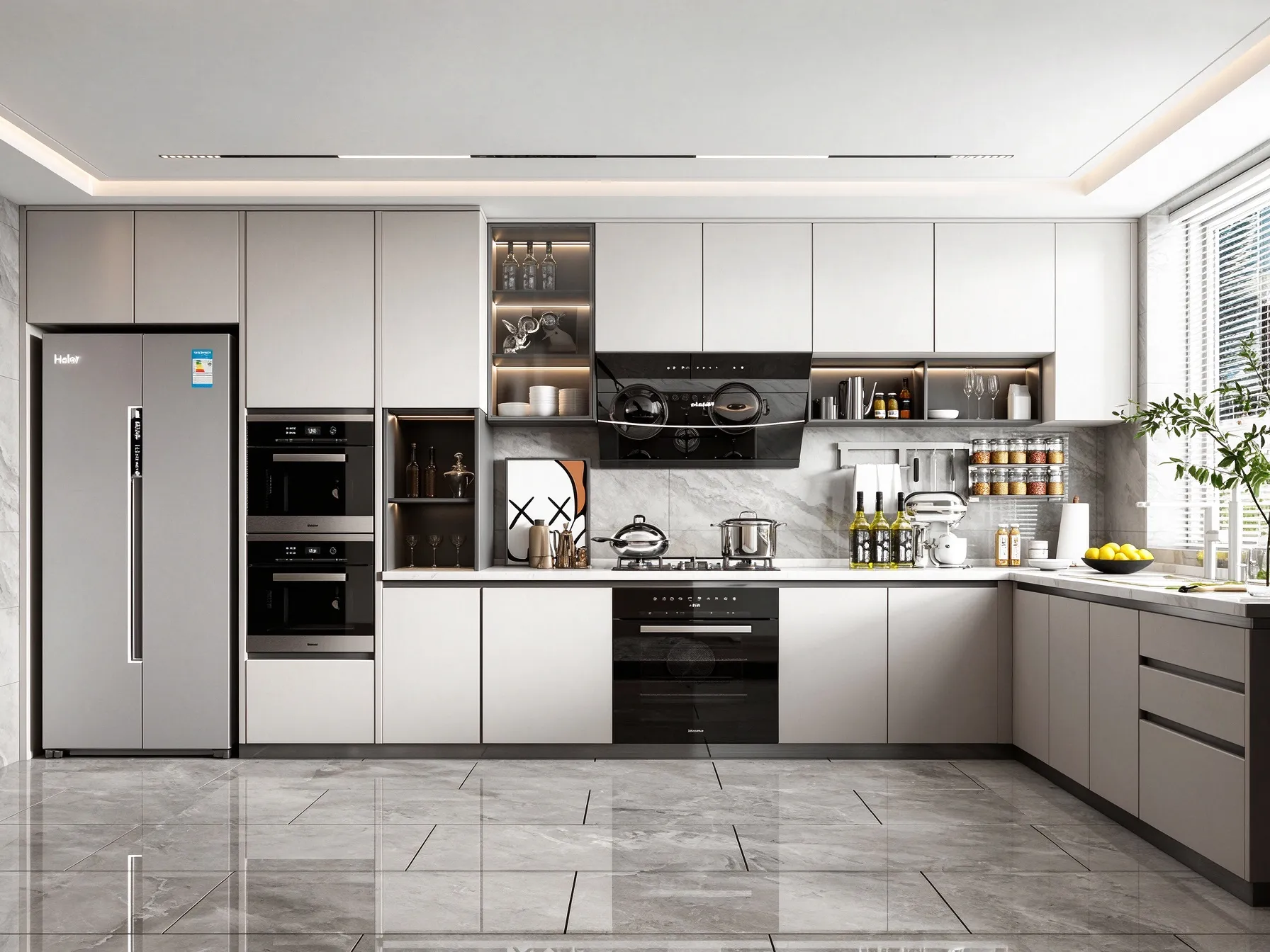 Grey Modern Kitchen Cabinets with LED Glass Wine Cabinet | Custom Flat Panel Cabinetry