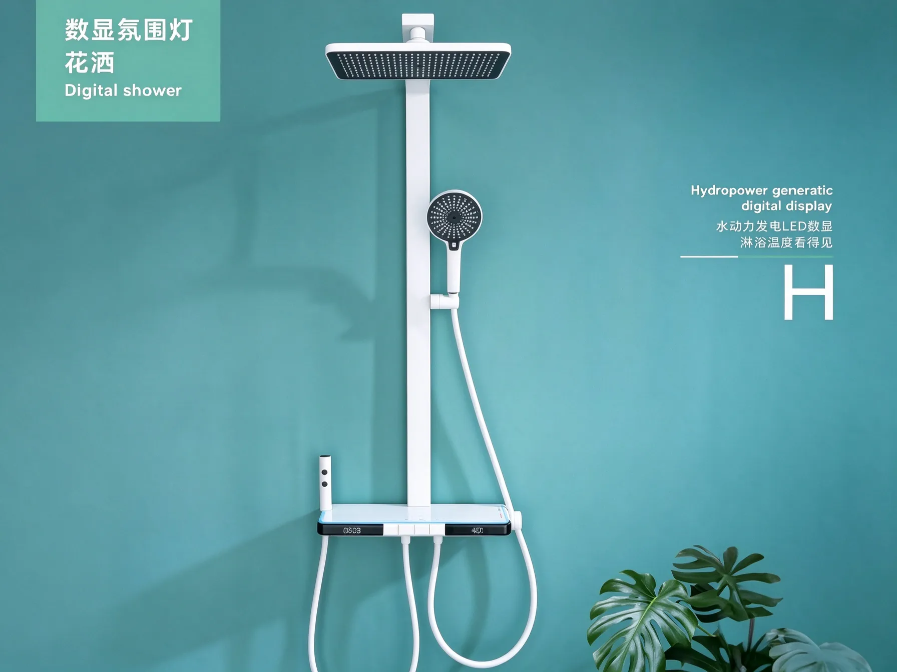 White Hydropower Digital Shower System with Ambient Light, Wall Mounted Bathroom Rain Shower Set