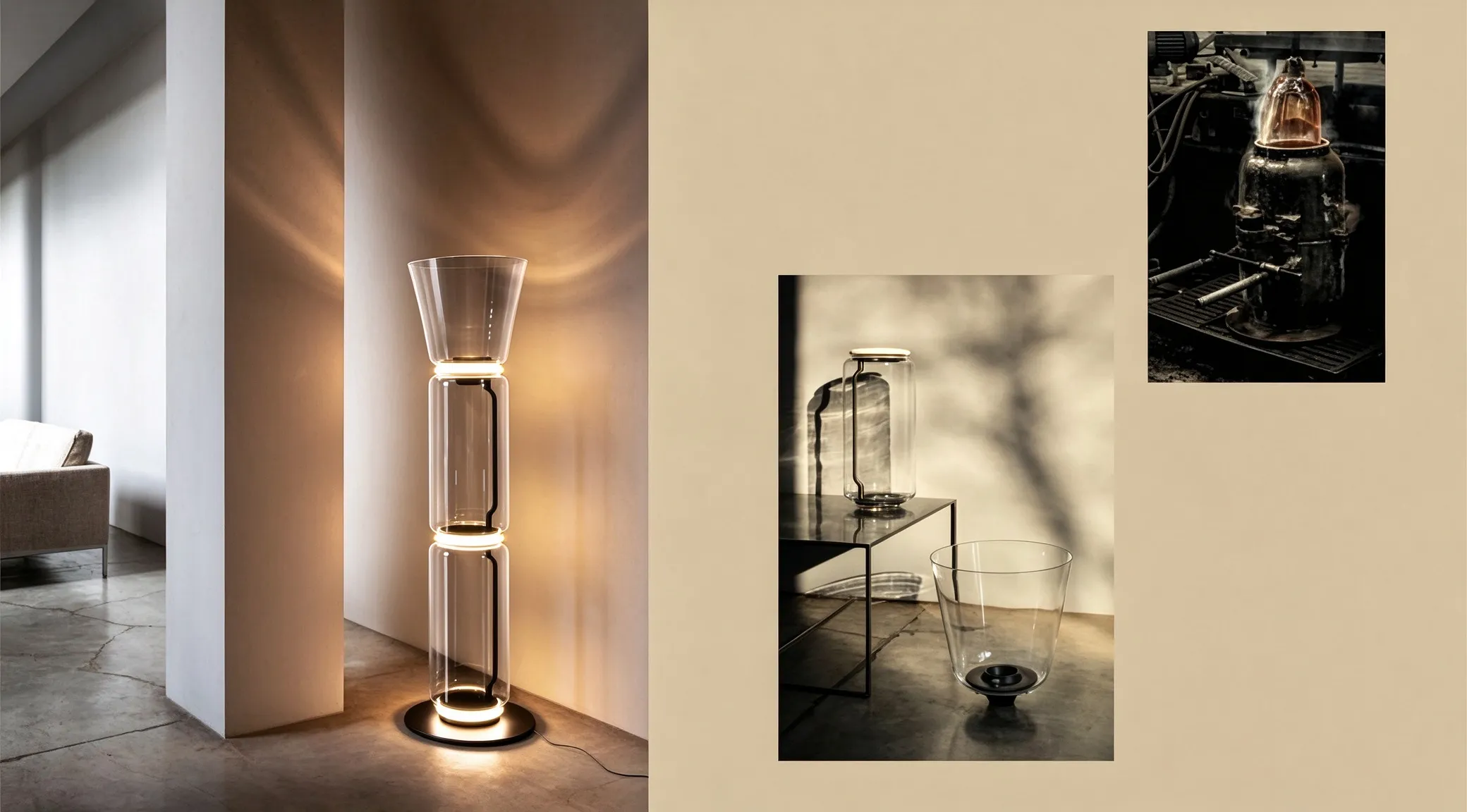Modern Glass Column Floor Lamp, LED Ring Standing Lamp for Living Room & Lobby