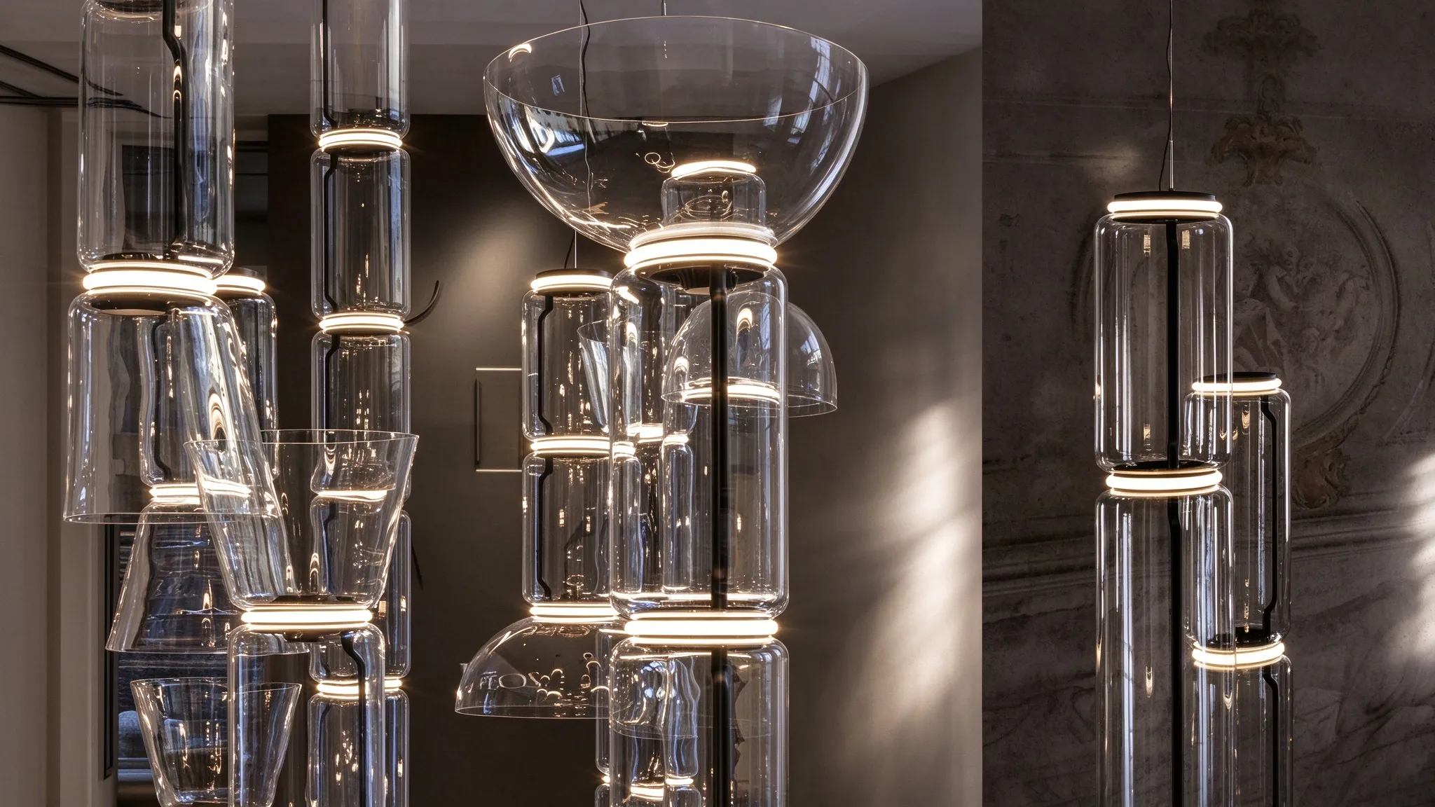 Modern Glass Column Floor Lamp, LED Ring Standing Lamp for Living Room & Lobby