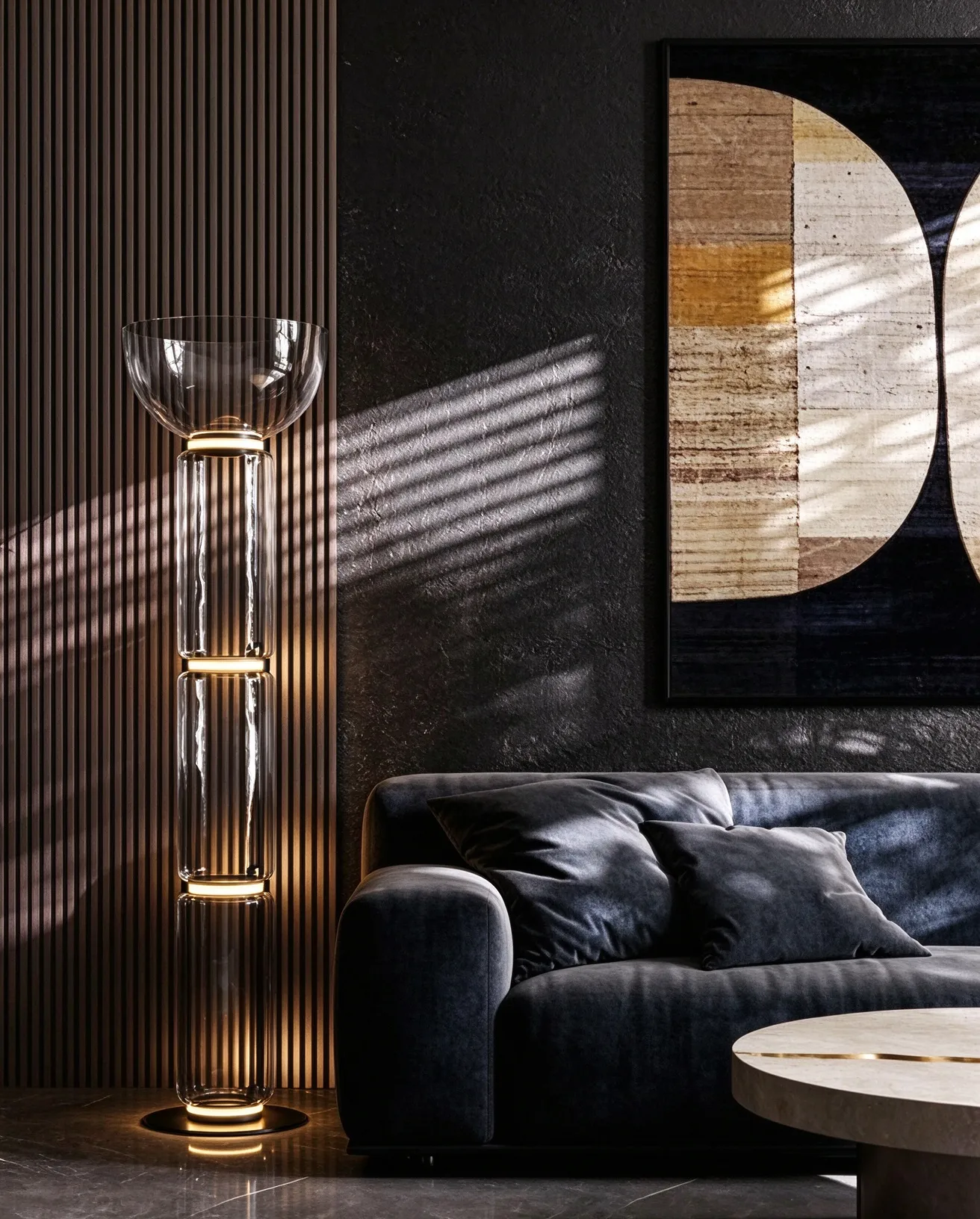 Modern Glass Column Floor Lamp, LED Ring Standing Lamp for Living Room & Lobby