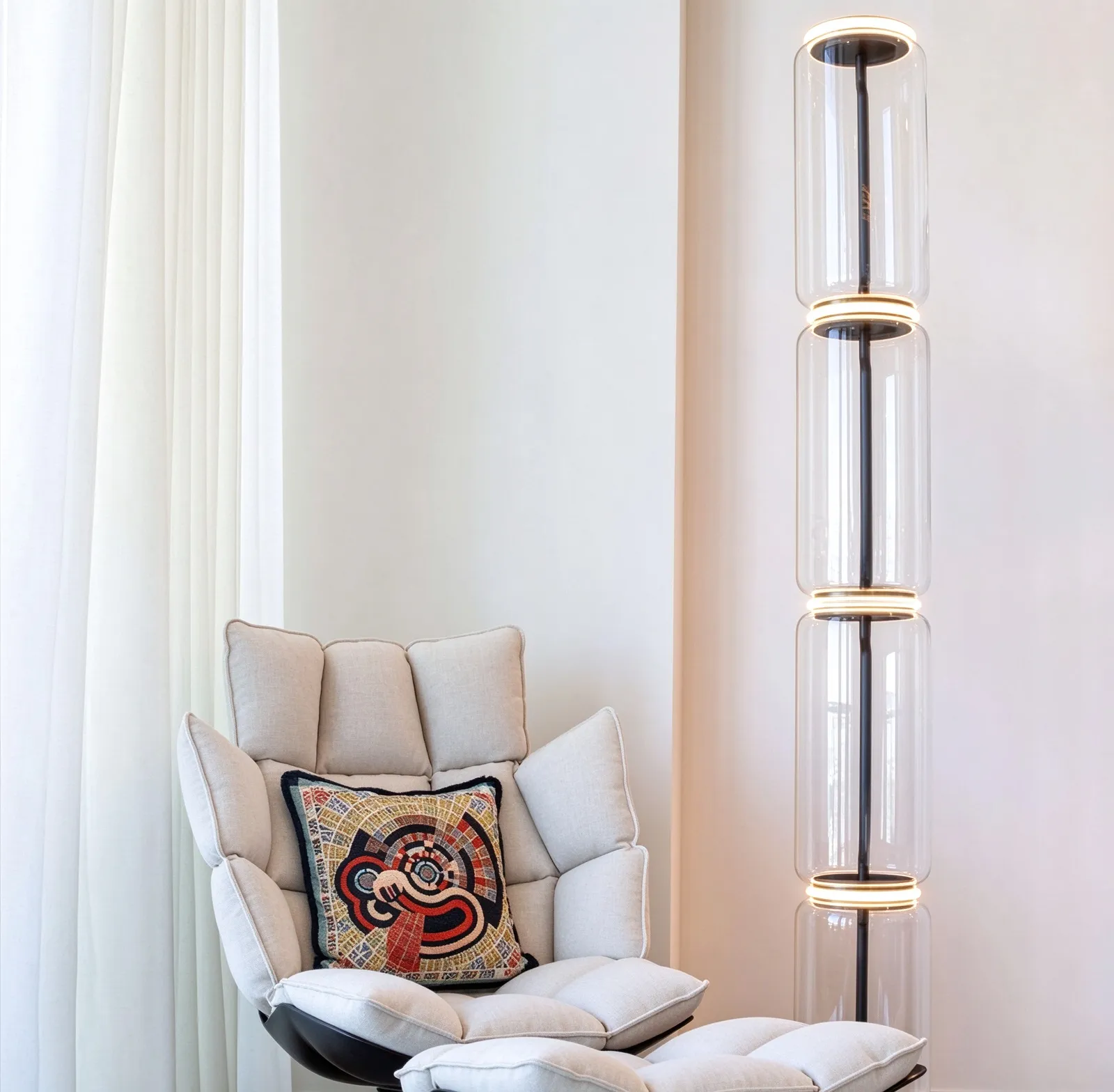 Modern Glass Column Floor Lamp, LED Ring Standing Lamp for Living Room & Lobby