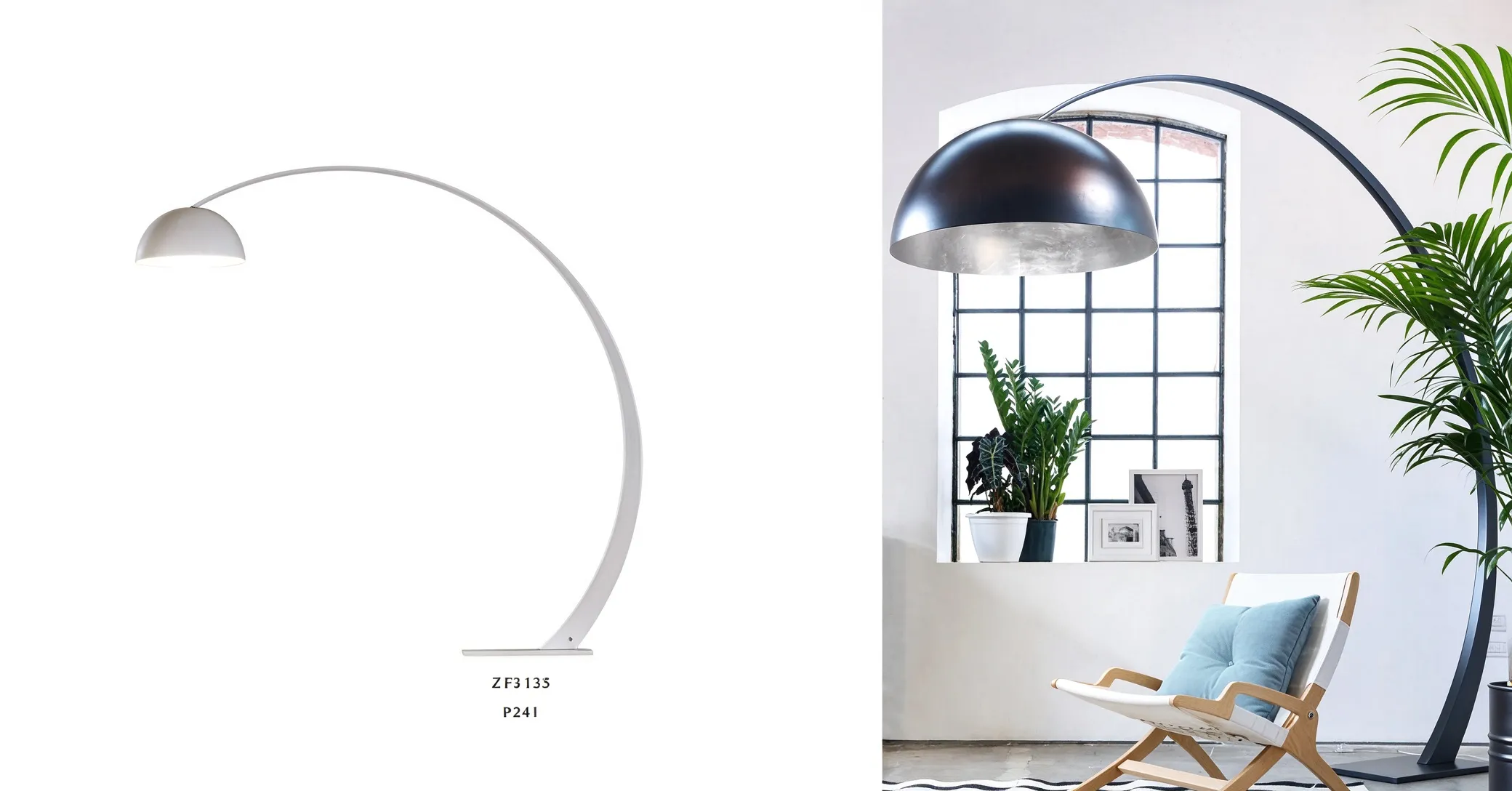 Modern Semicircle Arc Floor Lamp, Silver Dome Standing Lamp for Living Room & Dining Room