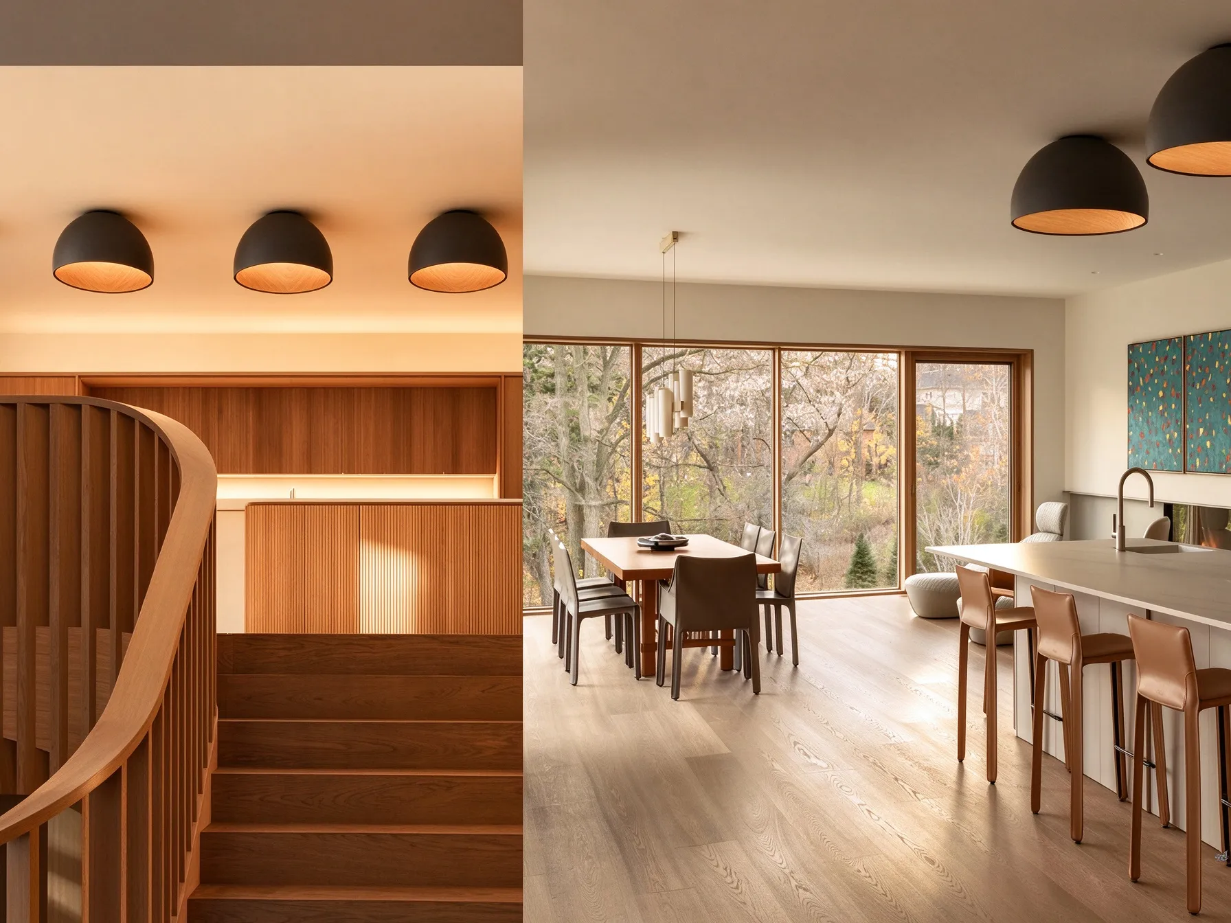 Modern Dome Ceiling Light, Minimalist LED Flush Mount with Wood Grain Interior