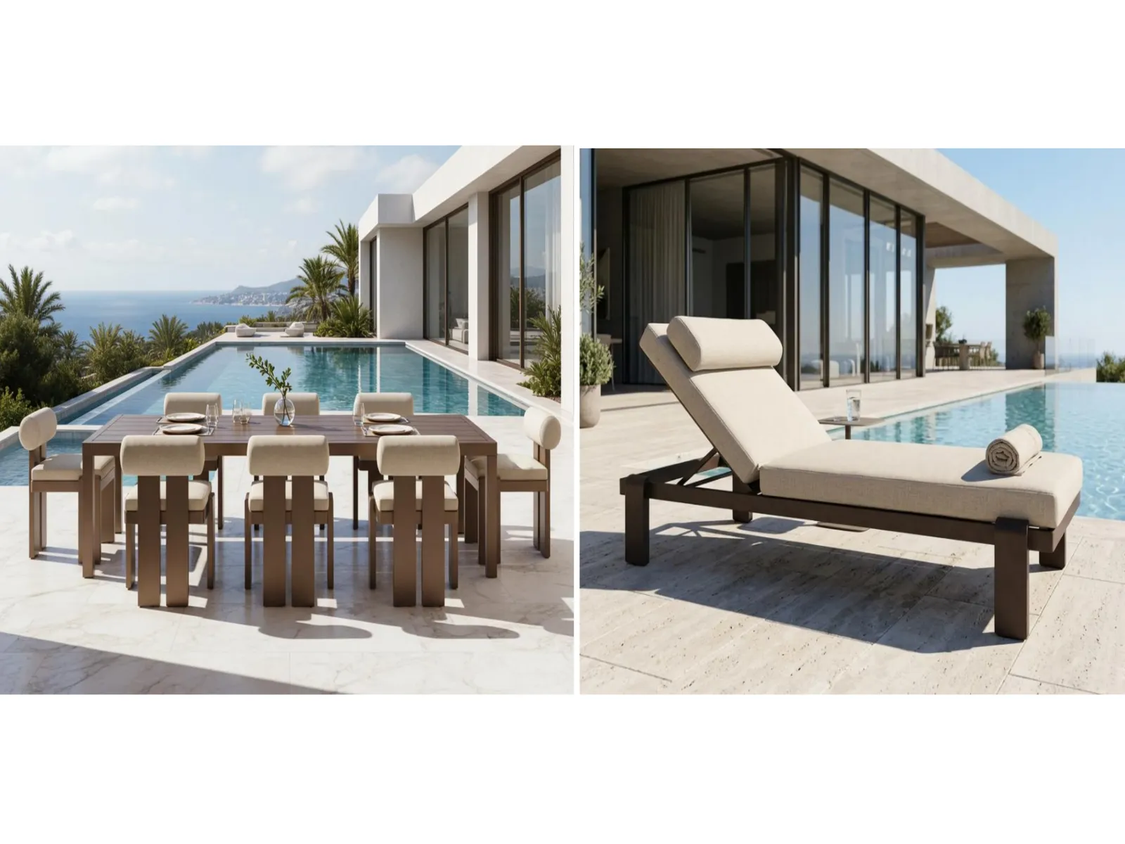 Modern Aluminum Outdoor Dining Set & Sun Lounger | Villa Poolside Furniture