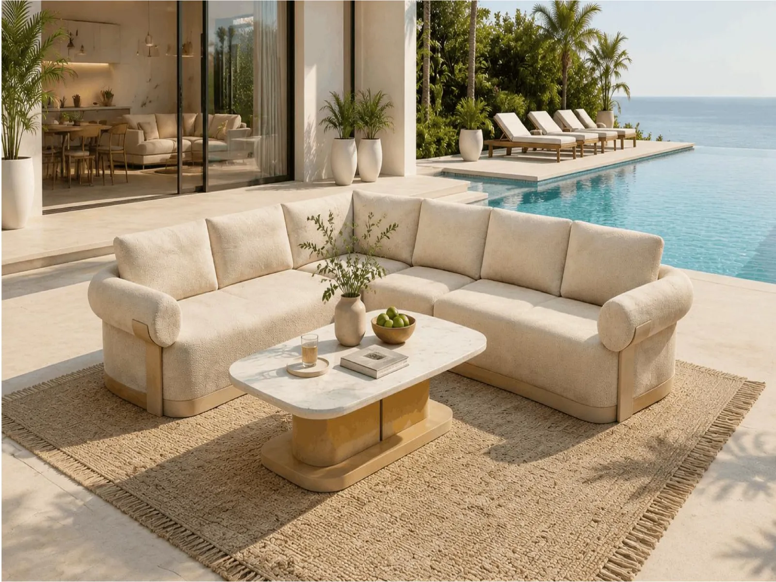 Bouclé Fabric Outdoor Sectional Sofa Set with Marble Coffee Table