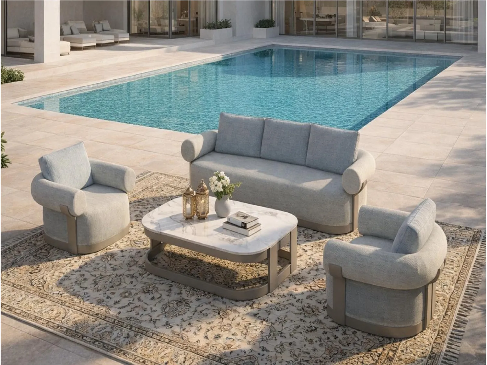 Curved Outdoor Sofa Set with Marble Coffee Table, Hospitality Patio Lounge