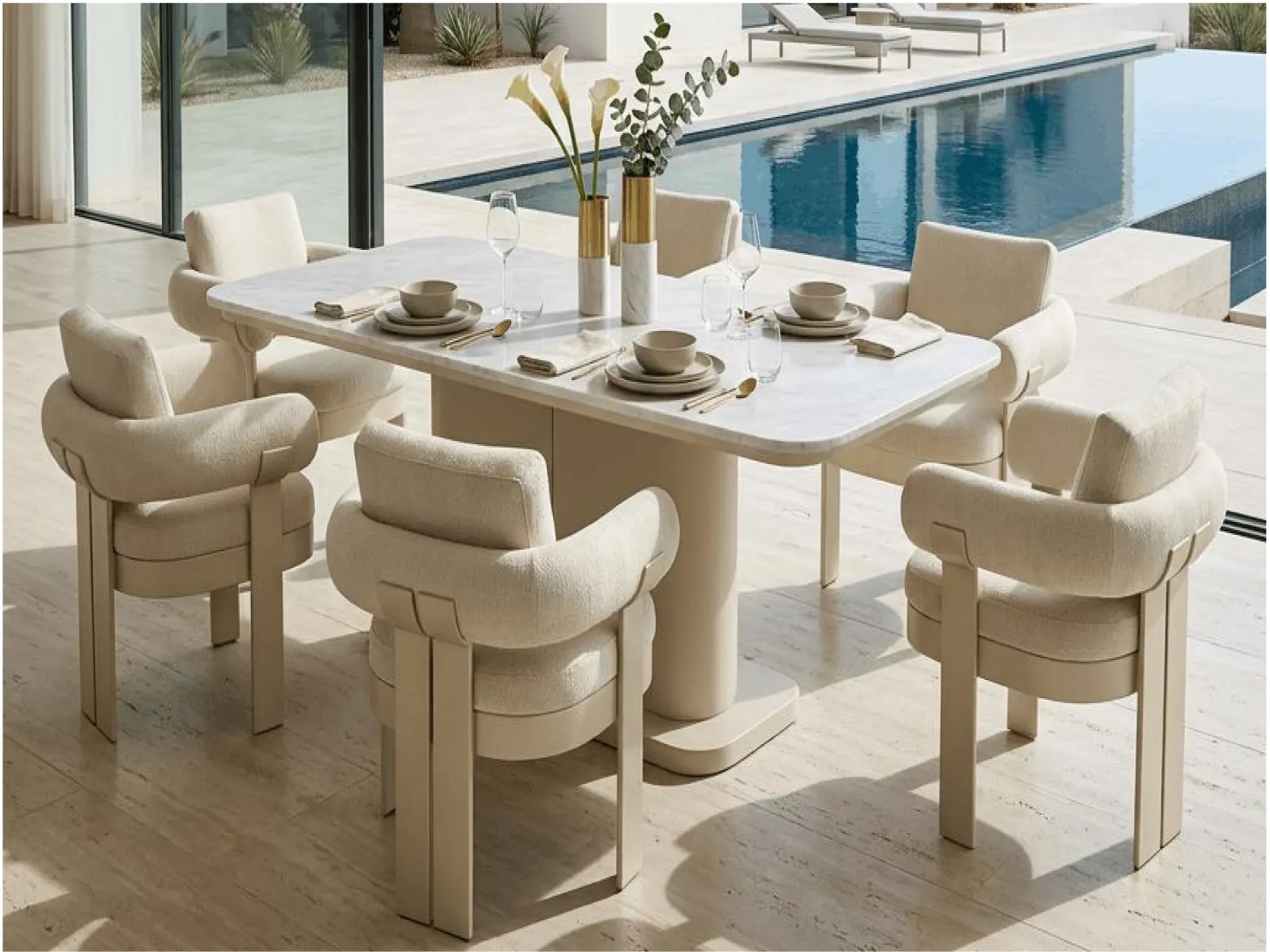 Marble Top Outdoor Dining Set with Bouclé Dining Chairs