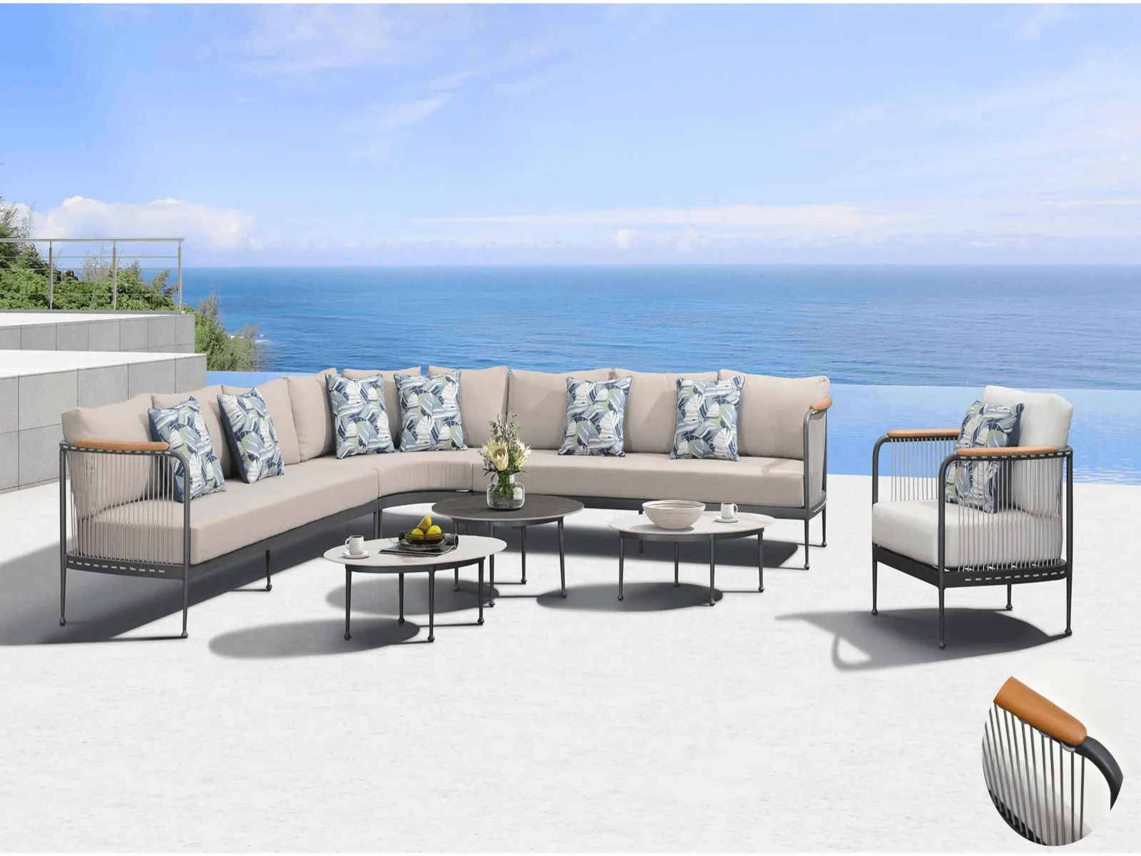 Metal Rope Outdoor Curved Sectional Sofa Set with Teak Armrest