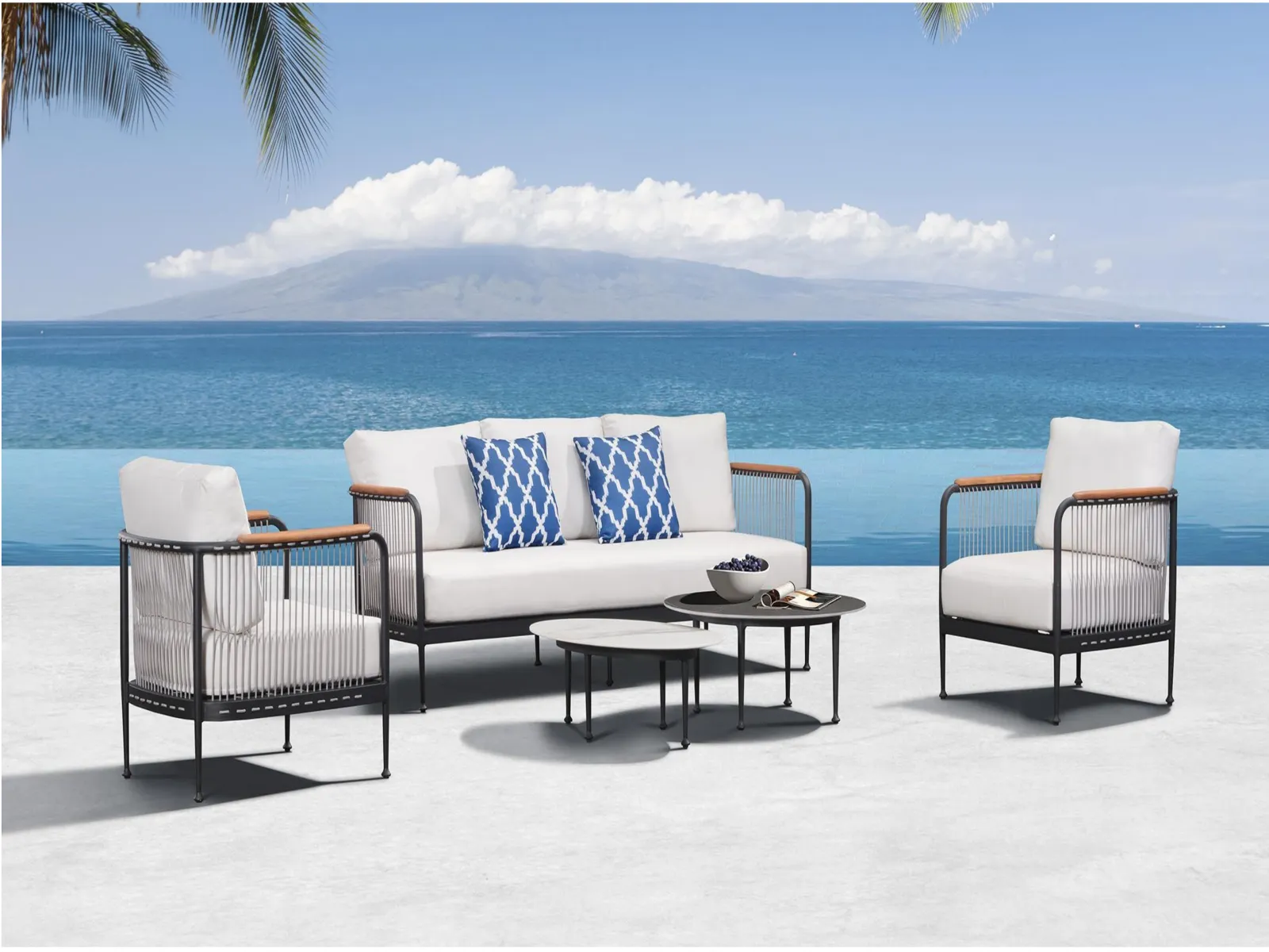 Rope Weave Outdoor Sofa Set with Teak Armrest & Nesting Coffee Tables