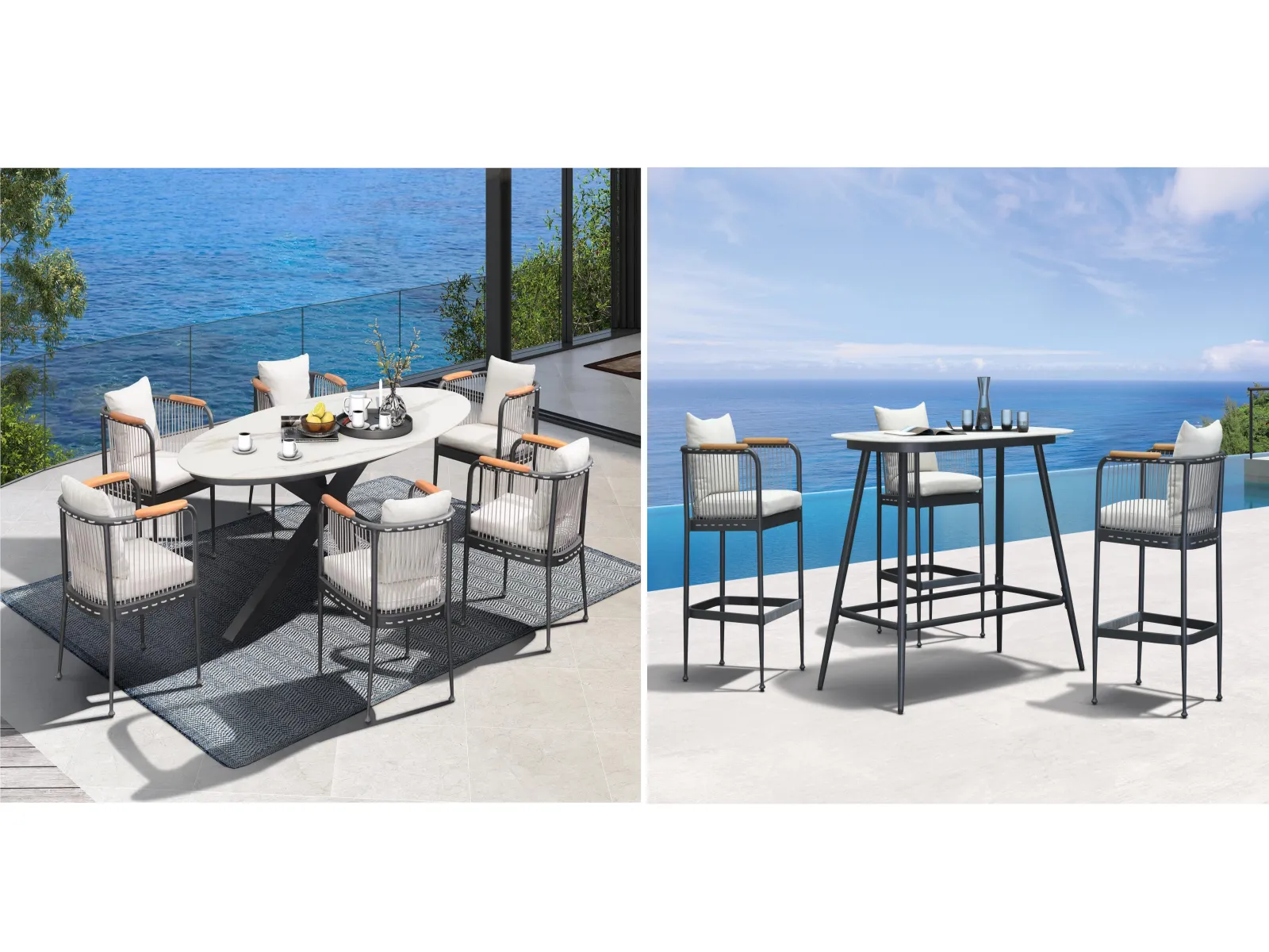 Rope Weave Outdoor Dining Set & Bar Table Stool Set with Teak Armrest