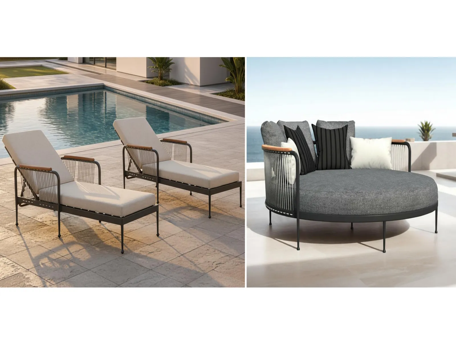Rope Weave Outdoor Chaise Lounge & Round Daybed with Teak Armrest