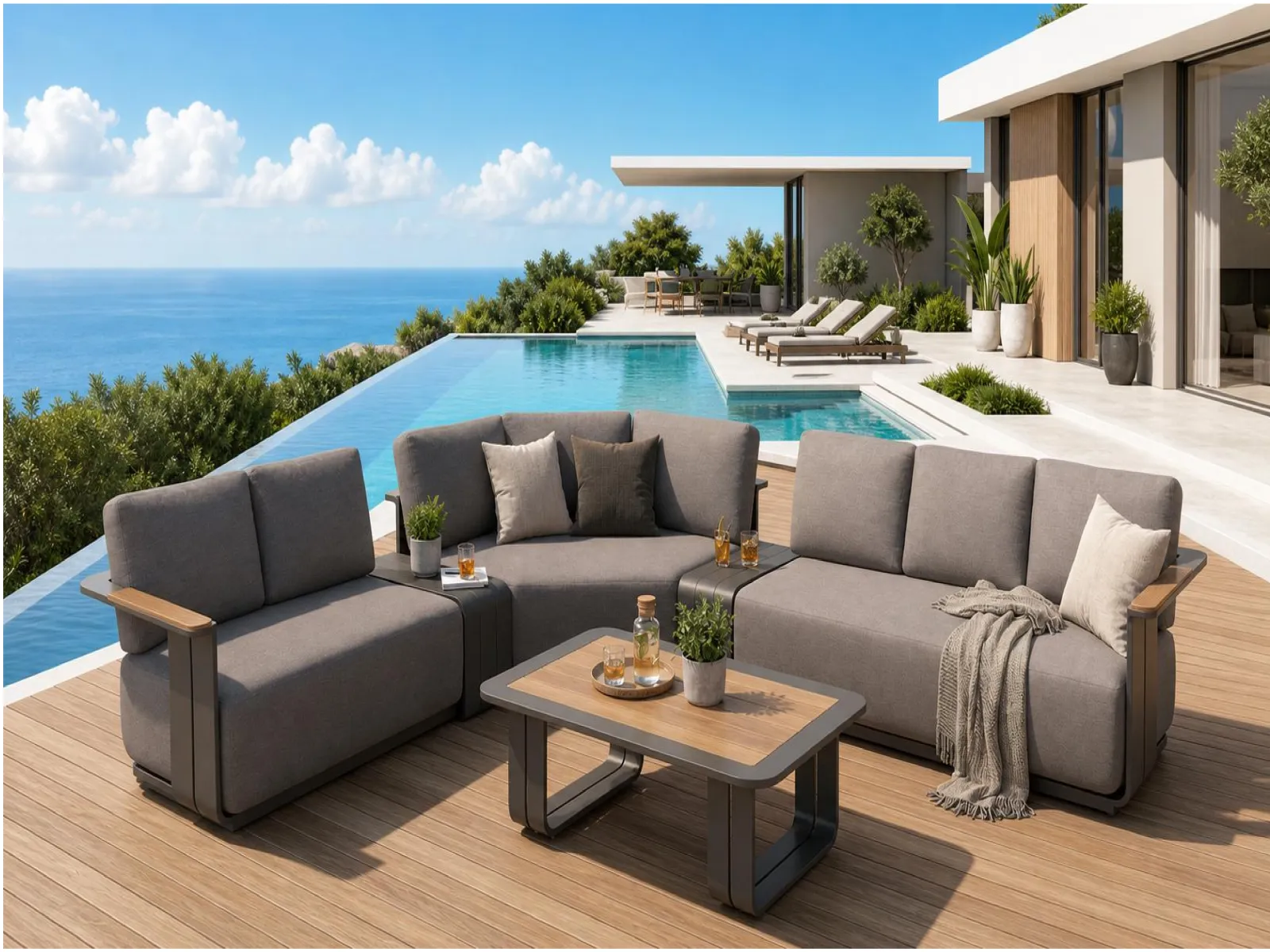Modular Aluminum Outdoor Sofa Set with Teak Tabletop & Armrest