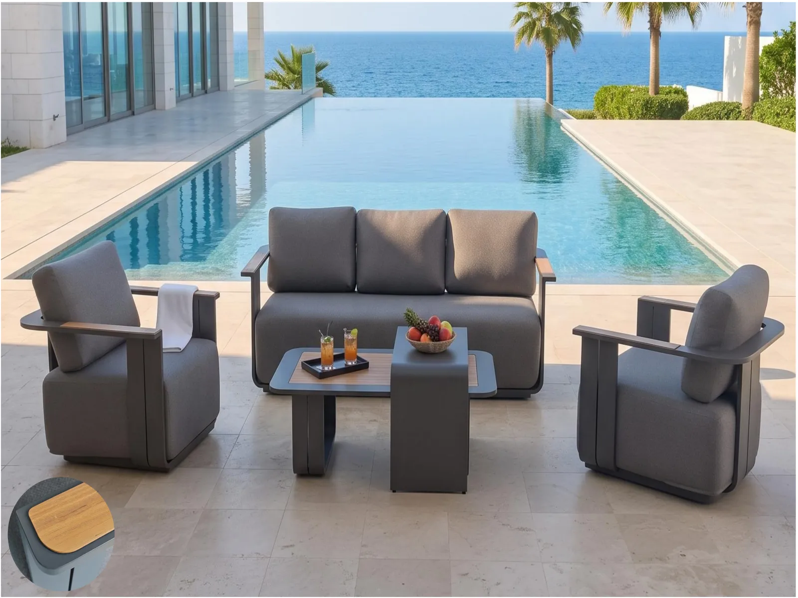 Aluminum Frame Outdoor Conversation Sofa Set with Teak Tabletop & Arm Caps