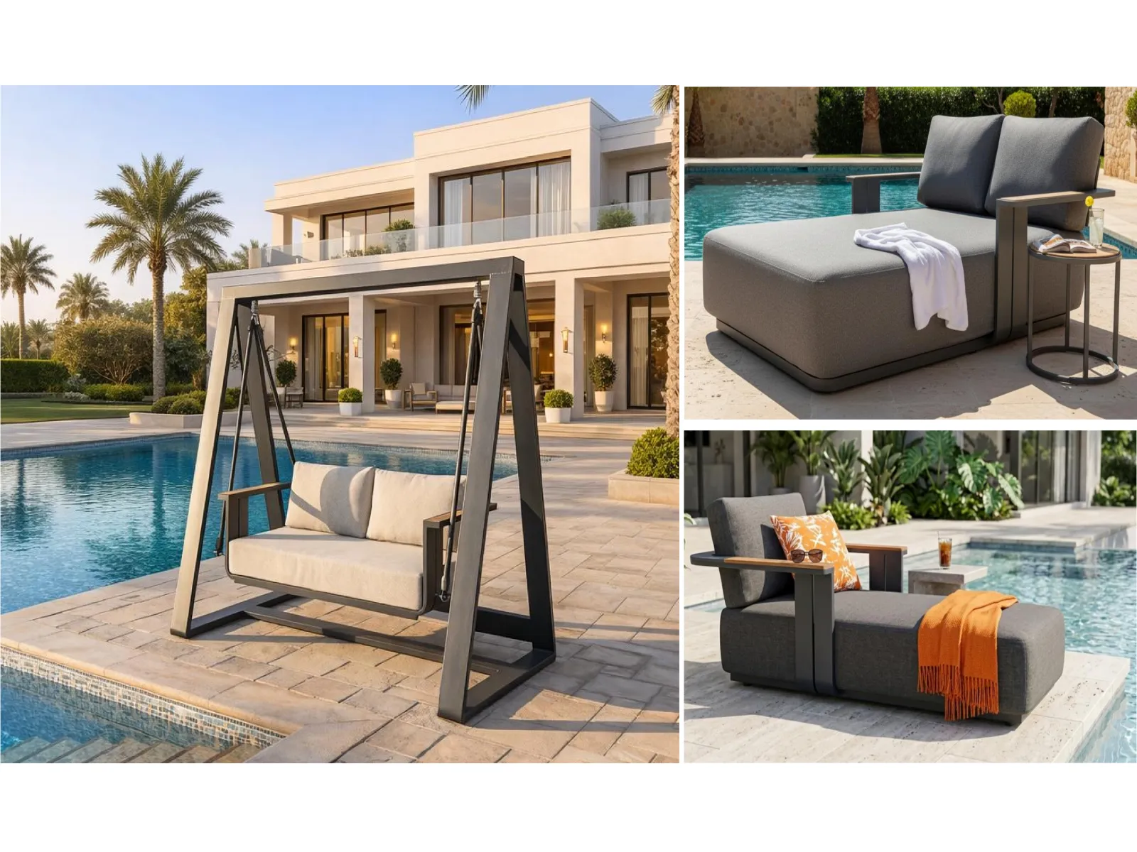 Aluminum Outdoor Swing Bench & Chaise Lounge Set with Teak Armrest