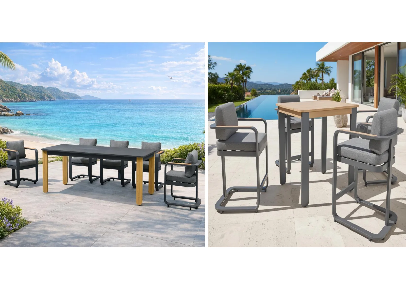 Aluminum Outdoor Dining Set & Bar Table Stool Set with Teak Accents