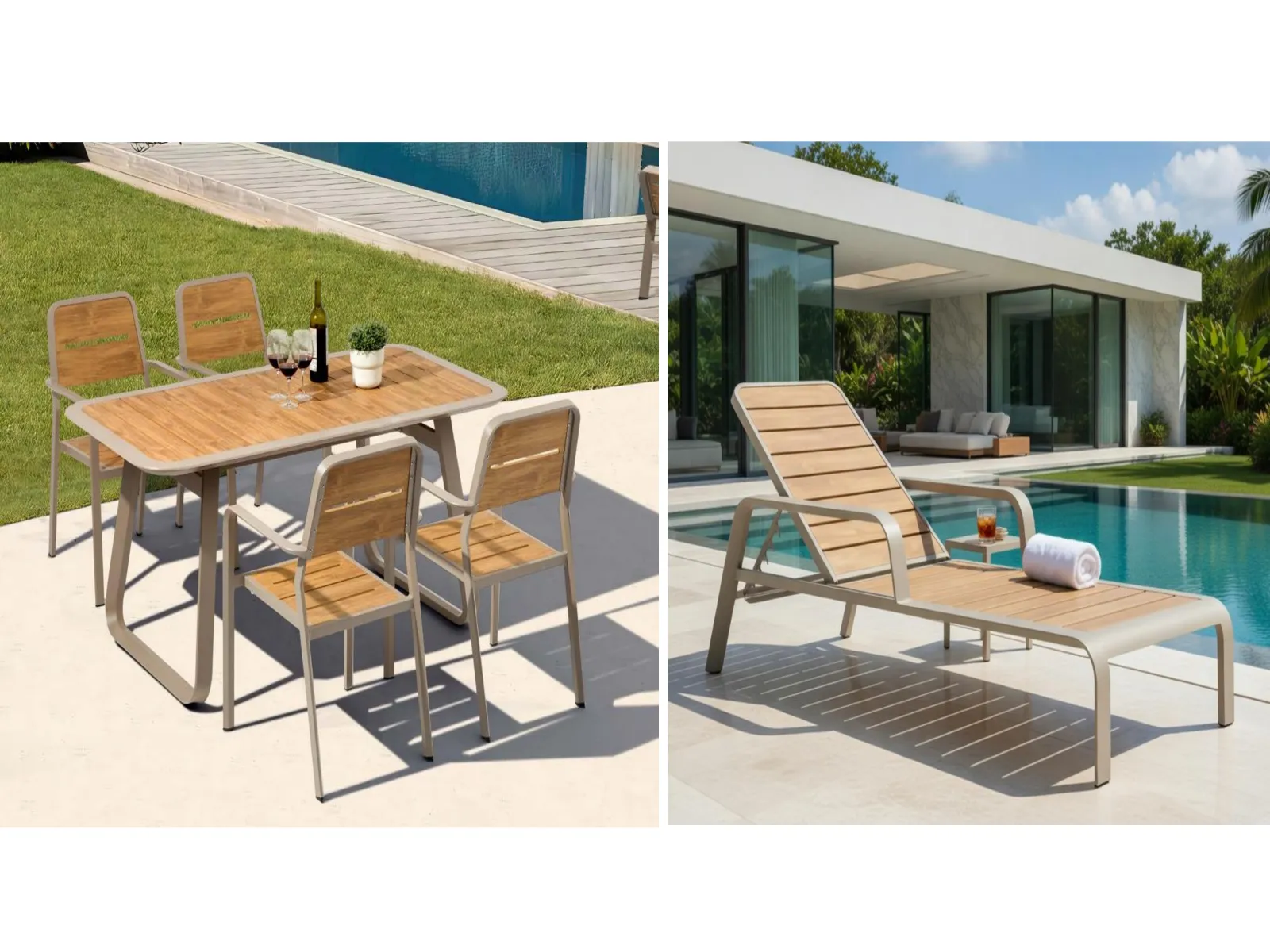 Aluminum & Teak-Look Slat Outdoor Dining Set & Adjustable Sun Lounger
