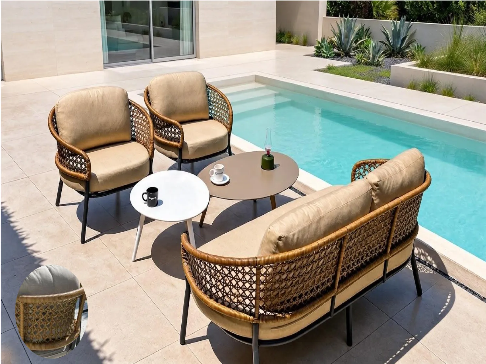 All-Weather Wicker Outdoor Conversation Sofa Set with Round Coffee Tables