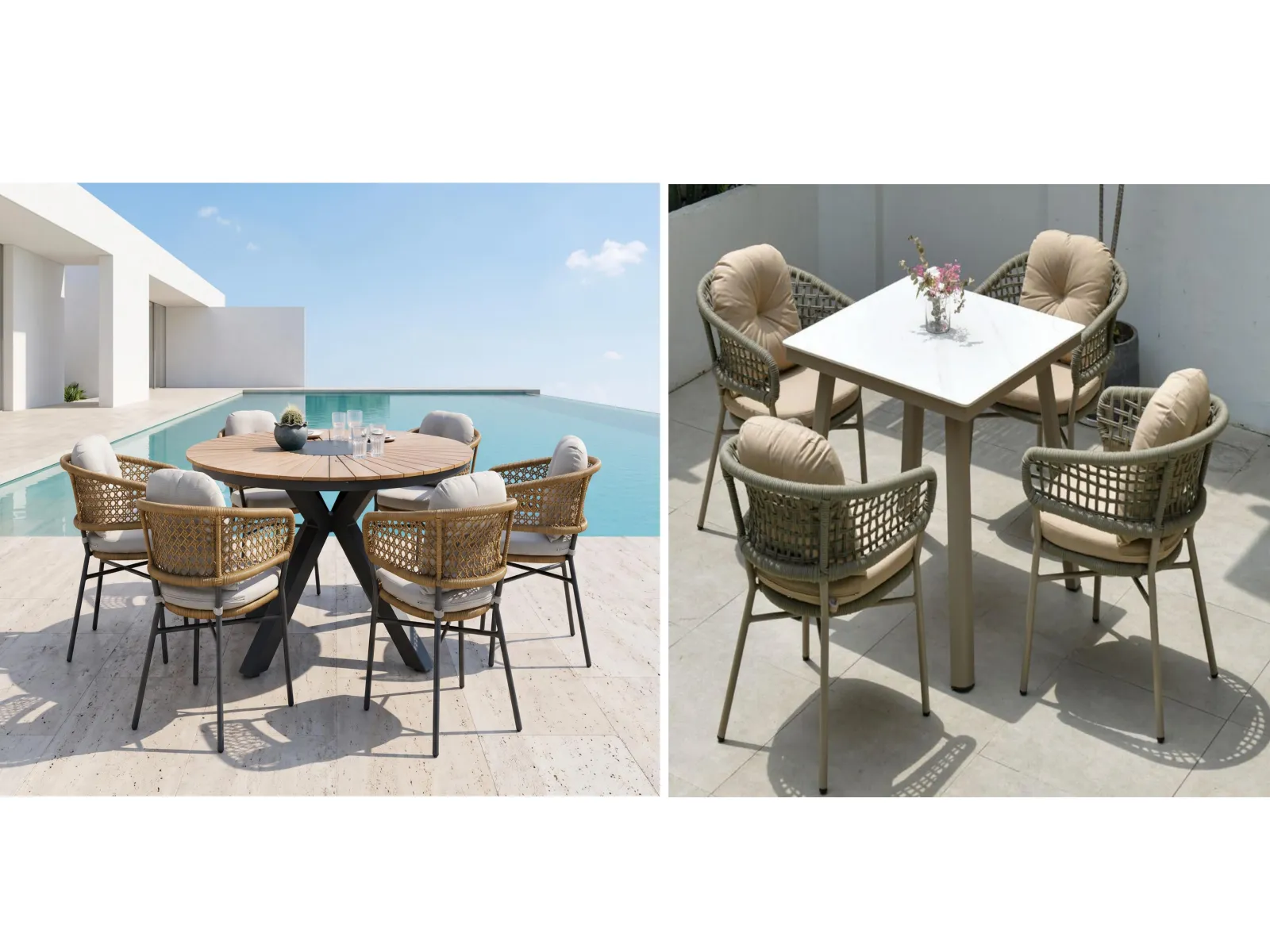 Synthetic Wicker Outdoor Dining Sets, Round Teak-Look Table & Square Sintered Stone Table