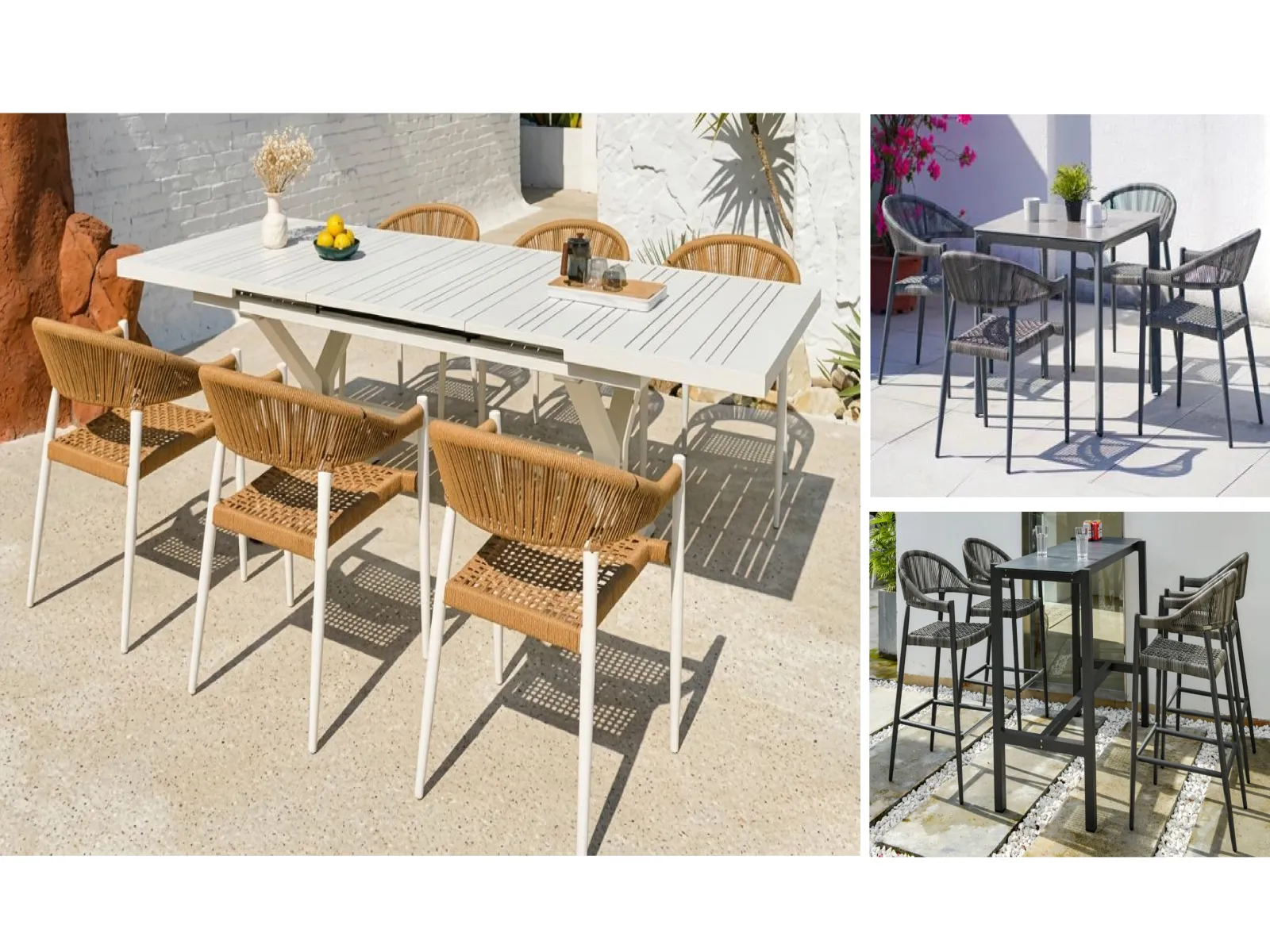 Extendable Aluminum Slat Dining Table, Matching Wicker Dining Set & Bar Table Stool Set