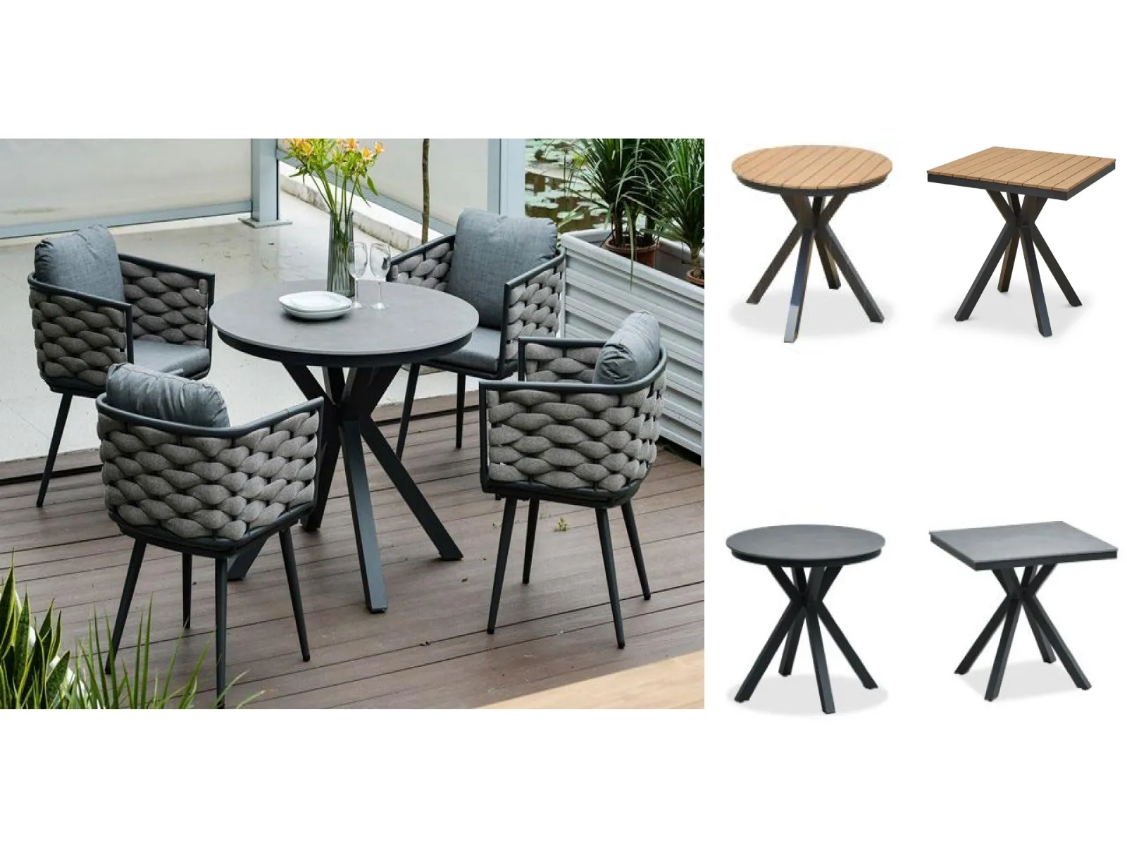 Thick Rope Woven Outdoor Dining Set with Multi Tabletop Options