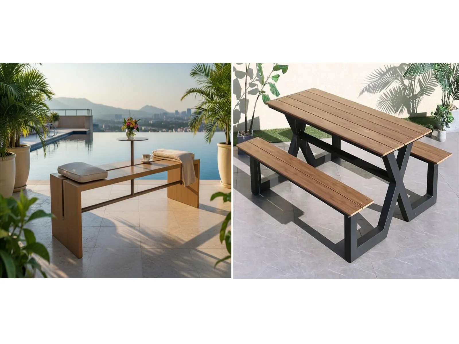 Teak-Look Aluminum Outdoor Bench & Integrated Picnic Table Set