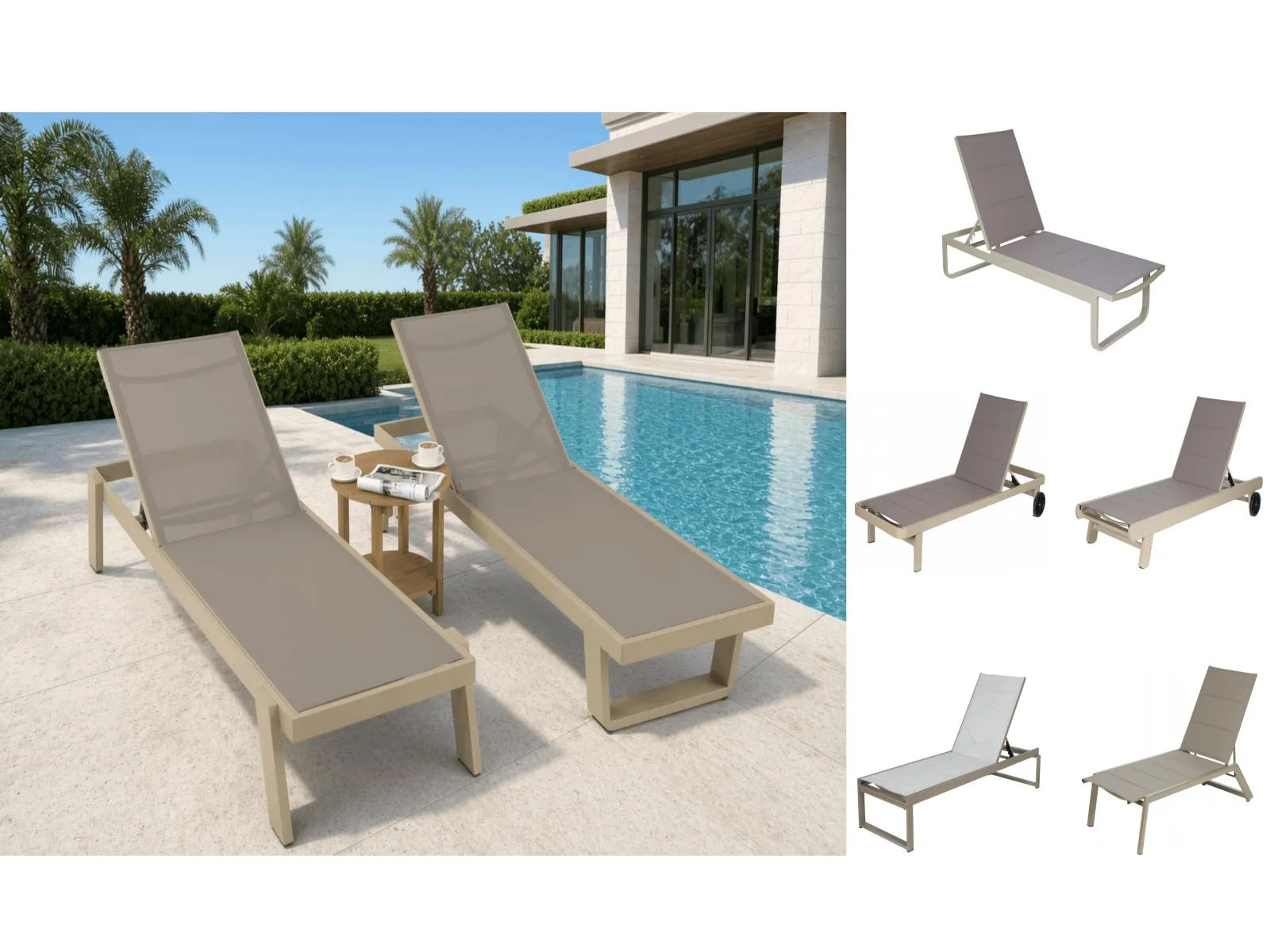Aluminum Sling Sun Lounger Collection, Multiple Frame Designs with Adjustable Backrest