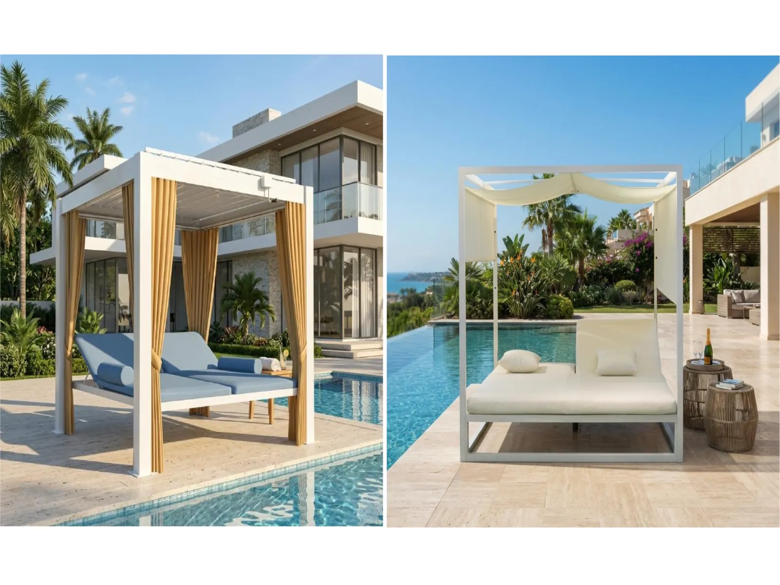 Aluminum Cabana Daybed Collection, Pergola Sun Bed with Shade Canopy & Curtains