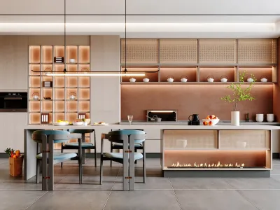 Wabi Sabi Rattan Kitchen Cabinets with Island | Custom Wooden Kitchen Cabinetry