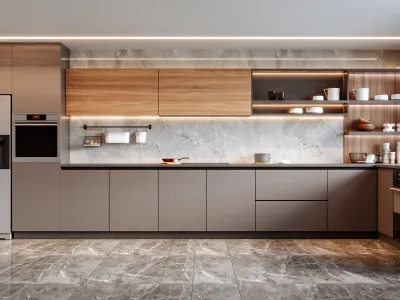 Wood & Taupe Handleless Kitchen Cabinets | Modern Custom Flat Panel Cabinetry