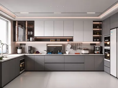 Light & Dark Grey Modern Kitchen Cabinets | Custom Flat Panel Cabinetry with LED Glass Cabinets