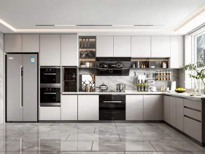 Grey Modern Kitchen Cabinets with LED Glass Wine Cabinet | Custom Flat Panel Cabinetry