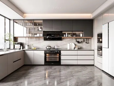Black & Light Grey L-Shaped Kitchen Cabinets | Custom Cabinetry with LED Glass Display