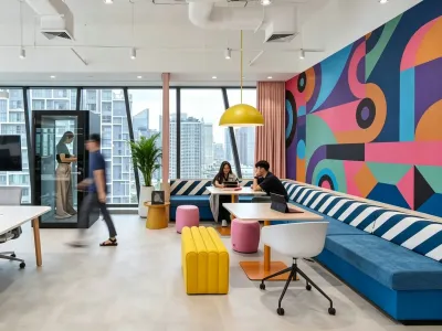 Vibrant Color Co-Working Shared Office Lounge & Open Workstation Furnishing Project