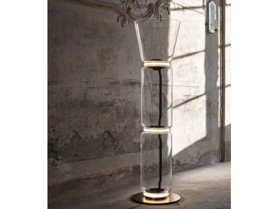 Modern Glass Column Floor Lamp, LED Ring Standing Lamp for Living Room & Lobby