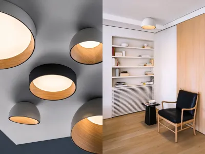 Modern Dome Ceiling Light, Minimalist LED Flush Mount with Wood Grain Interior