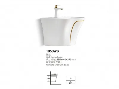 Wall Hung Ceramic Basin 1050WB, Luxury Gold Line Wall Mount Bathroom Sink