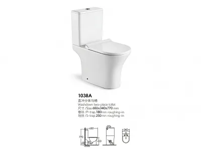 Two Piece Washdown Toilet 1038A, Dual S Trap & P Trap Ceramic WC Toilet for Hotel Bathroom